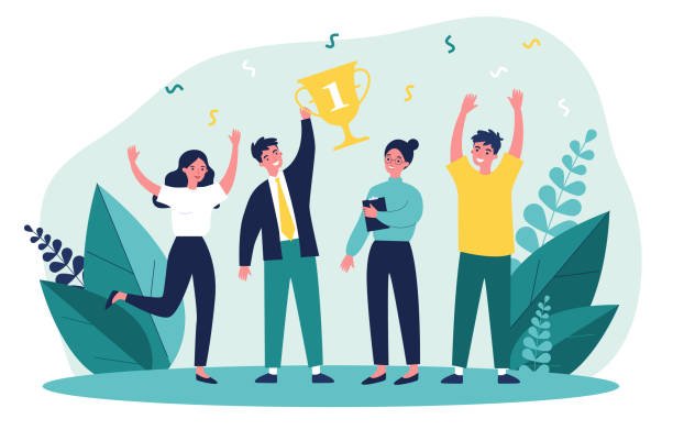 Happy business team winning prize. Winners celebrating achievement and holding trophy cup. Vector illustration for teamwork, award, corporate success concept
